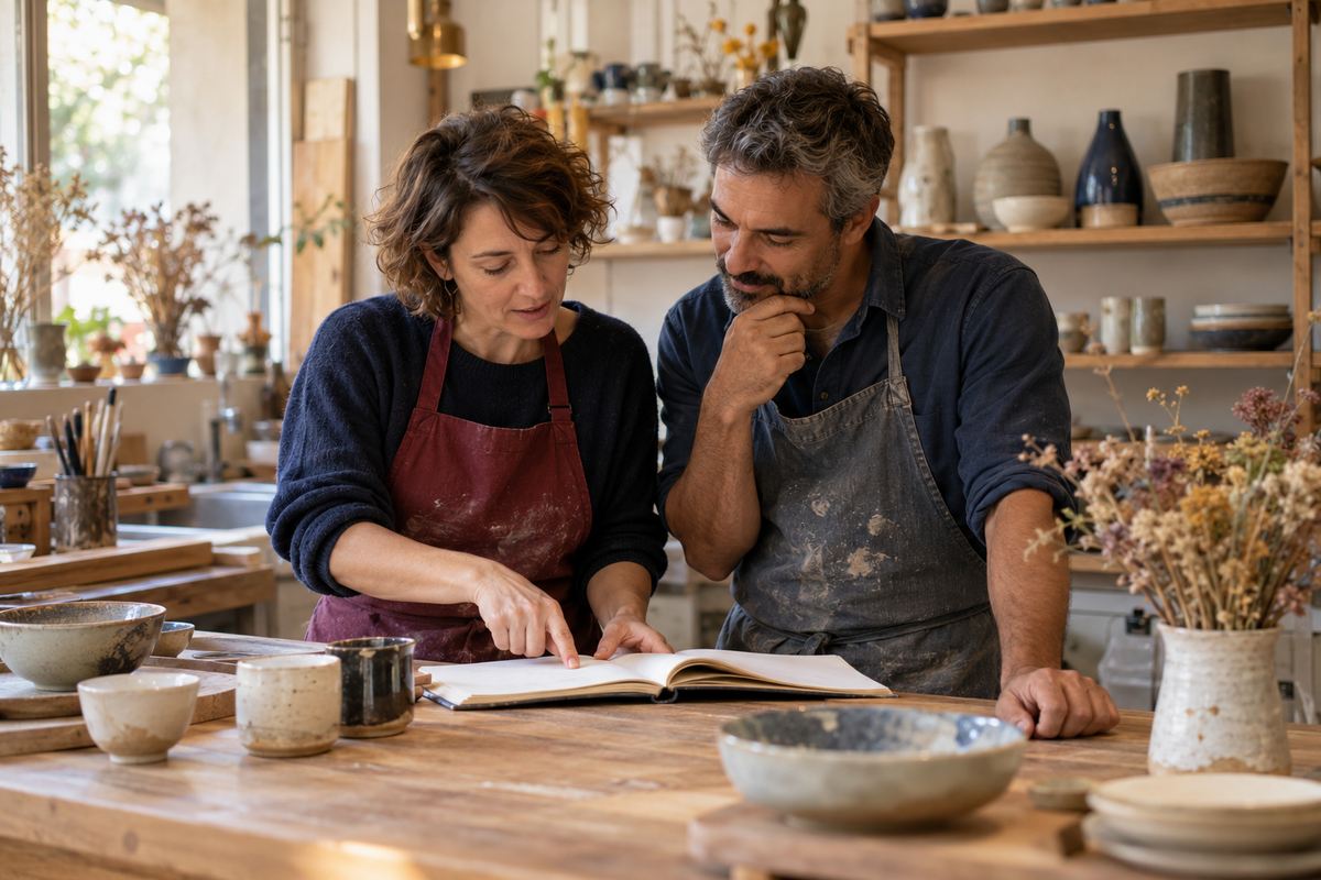 Un couple d'artisans céramistes consulte ensemble un carnet de commandes dans son atelier