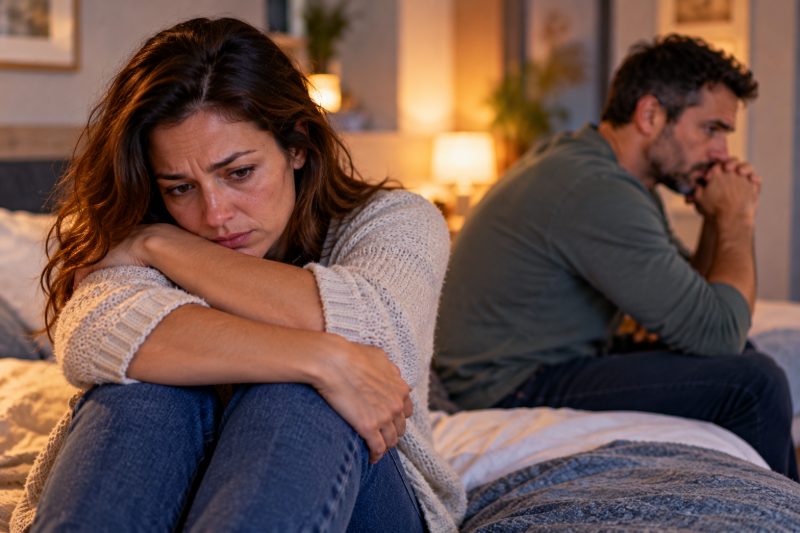 Une femme repliée sur elle-même, son compagnon pensif en retrait