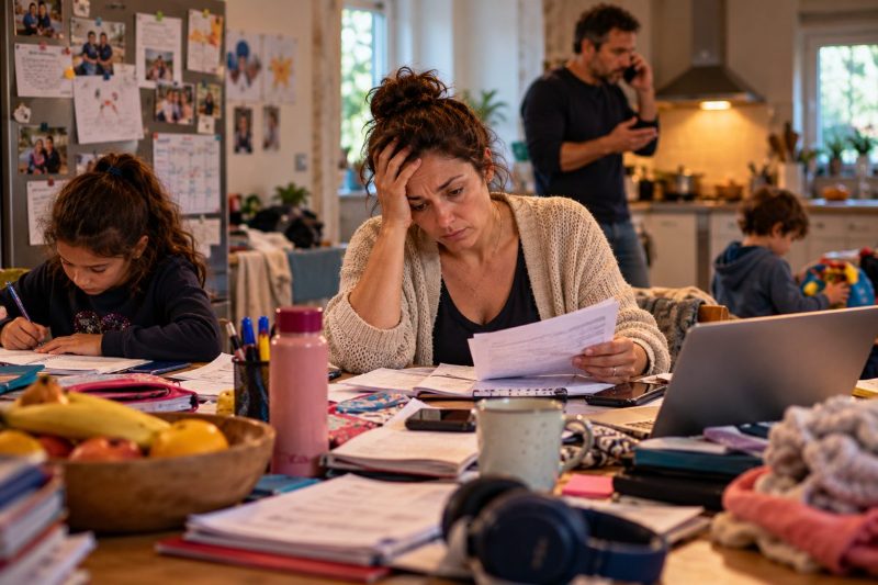 Une mère débordée par les papiers pendant que l'enfant fait ses devoirs et que le père est au téléphone