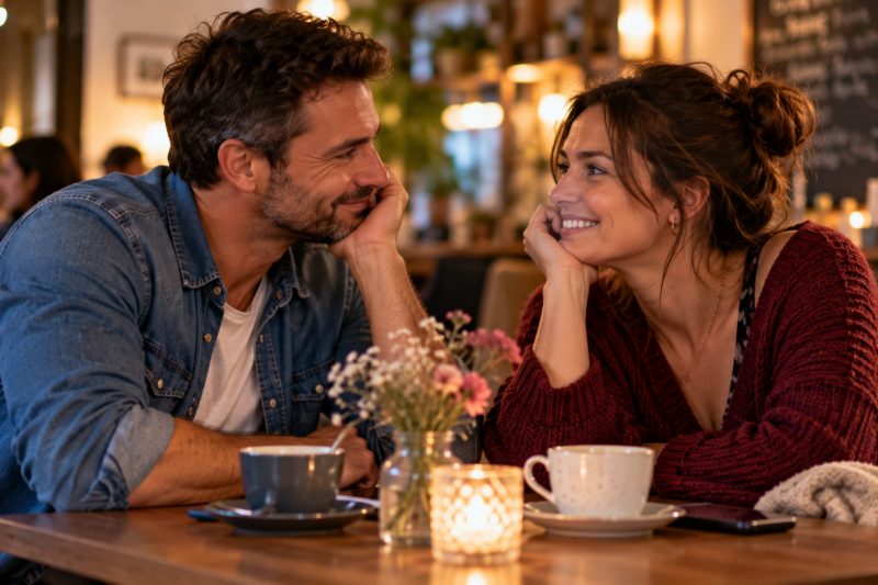 Un couple qui se découvre autour d'un café, complice et souriant