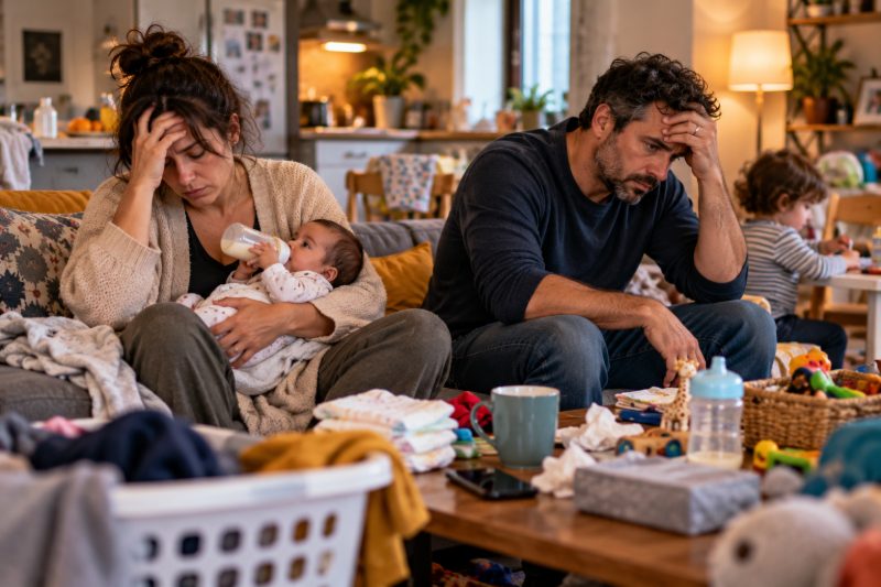Des parents épuisés au milieu des jouets : elle donne le biberon, il se tient la tête