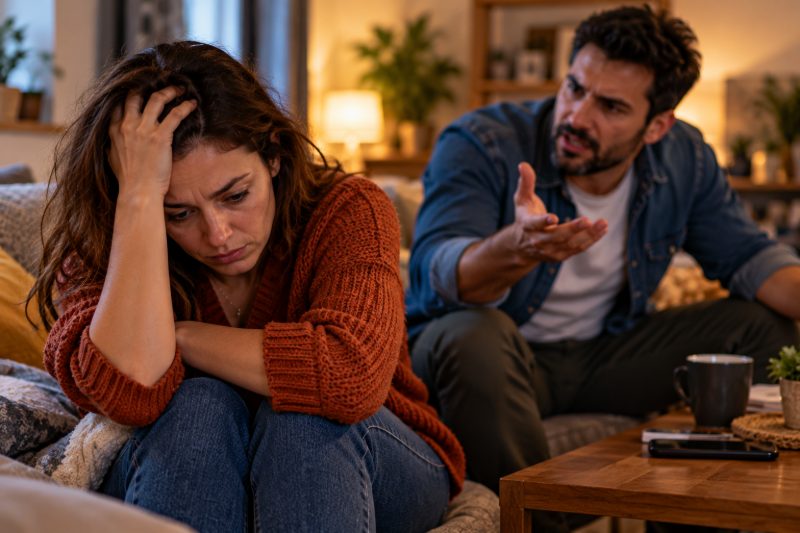 Elle baisse la tête, la main dans les cheveux, pendant qu'il lui fait des reproches