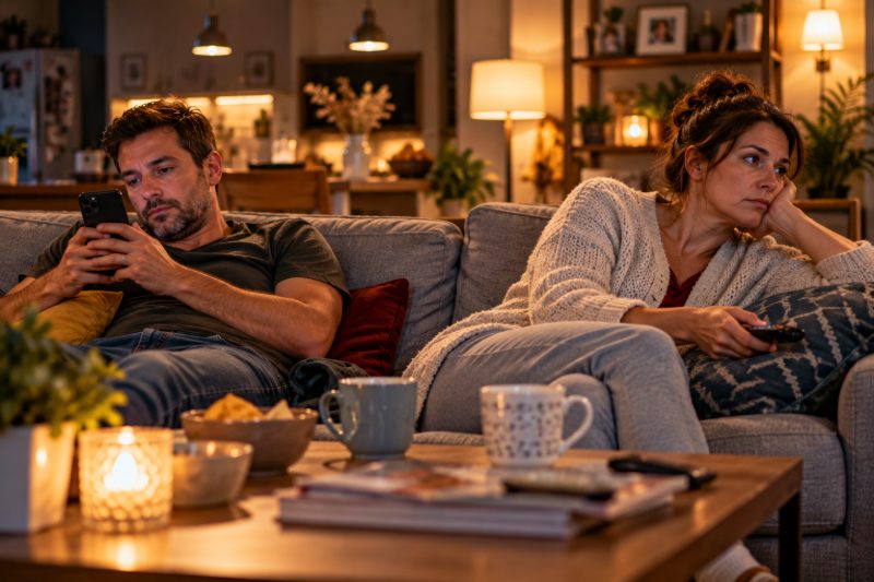 Sur le canapé, lui sur son téléphone, elle qui s'ennuie : la routine s'est installée