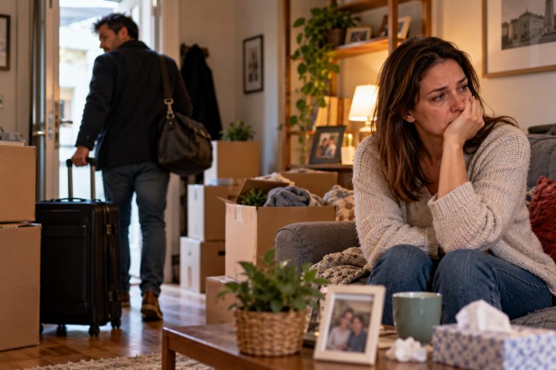 Il part avec sa valise, elle reste assise, abattue, au milieu des cartons