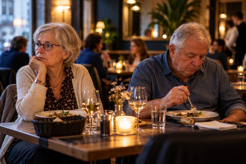 Un couple de sexagénaires au restaurant, chacun perdu dans ses pensées