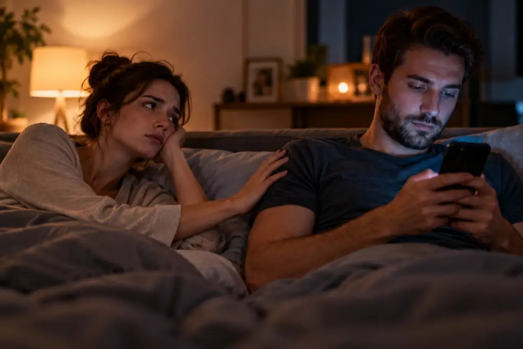 Couple au lit le soir : il est absorbé par son téléphone, elle le regarde, la main posée sur son épaule, en quête d'attention