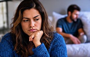 Une femme pensive et inquiète, son compagnon en retrait derrière elle