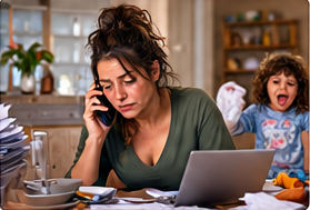 Une mère au téléphone devant son ordinateur, débordée, pendant que son enfant réclame