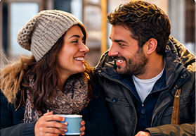 Un couple qui se découvre autour d'un café, souriant