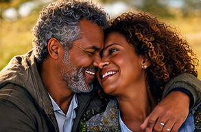 Un couple qui se retrouve, front contre front, heureux