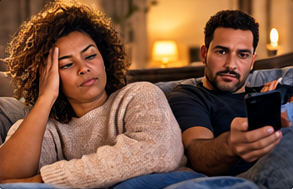 Sur le canapé, lui sur son téléphone, elle qui s'ennuie : la routine s'est installée