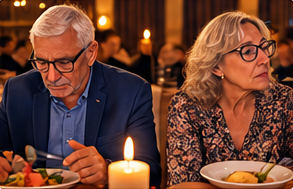 Un couple de sexagénaires au restaurant, chacun perdu dans ses pensées